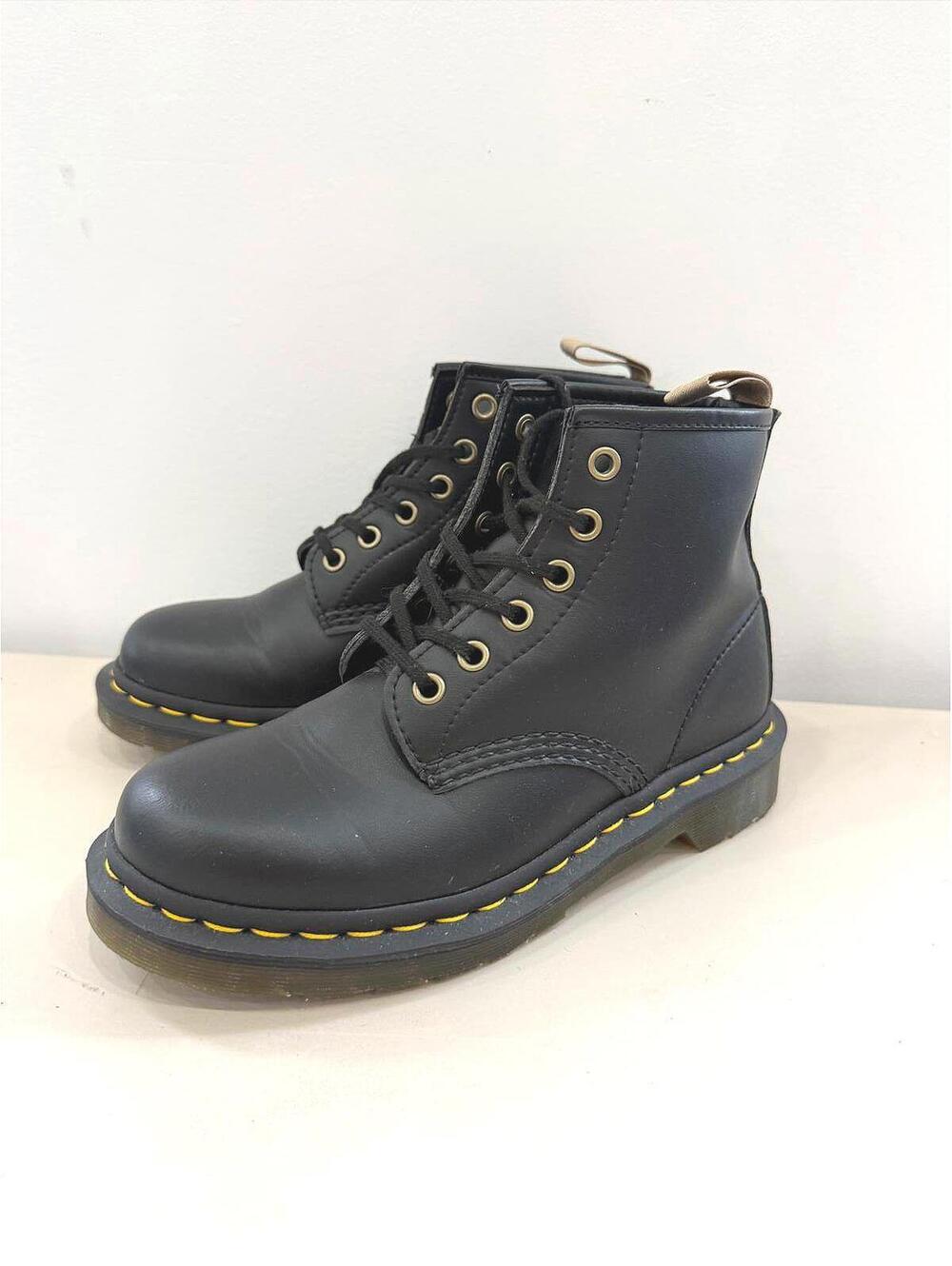 Dr. Martens Black Leather Lace-Up Boots with Yellow Stitching Men 5 Womens 6